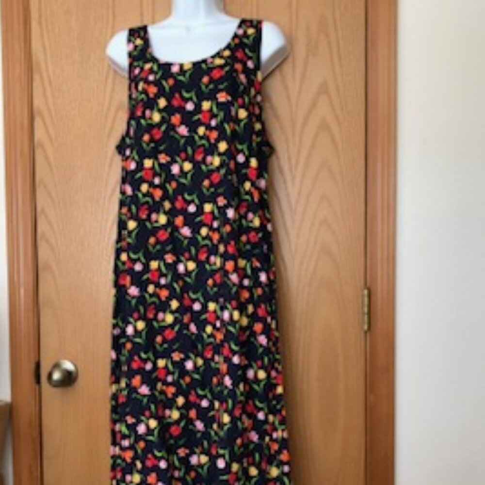 Vintage Byer Studio Sleeveless Floral Dress 16 XL Rayon Red Yellow Black